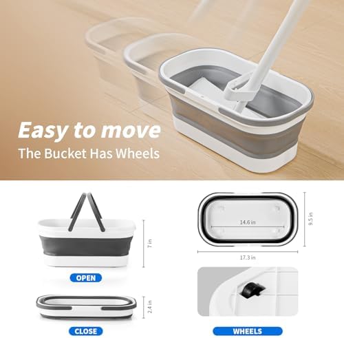Oshang Flat Mop with Bucket and Wheels 2 Microfiber Pads