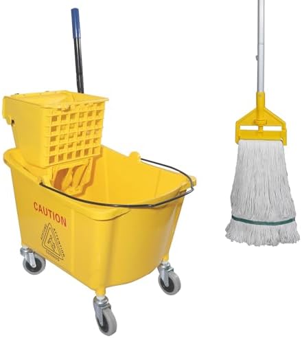 Commercial Mop Bucket with Side Press Wringer on Wheels Yellow