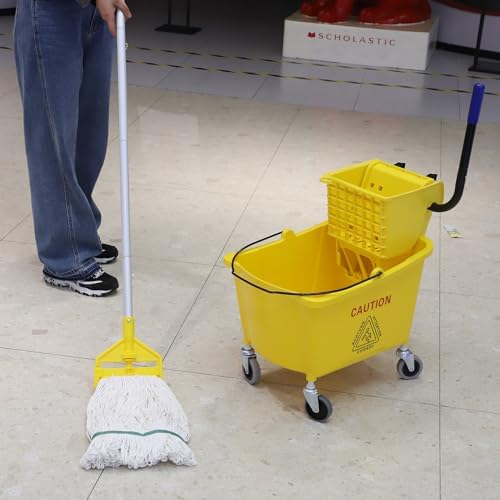 Commercial Mop Bucket with Side Press Wringer on Wheels Yellow