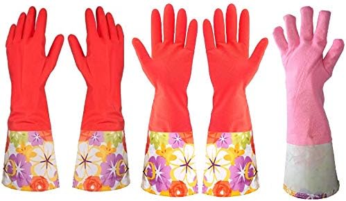 Thick Rubber Cleaning Gloves with Warm Lining 2 Pairs