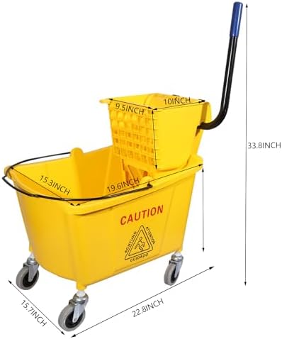 Commercial Mop Bucket with Side Press Wringer on Wheels Yellow