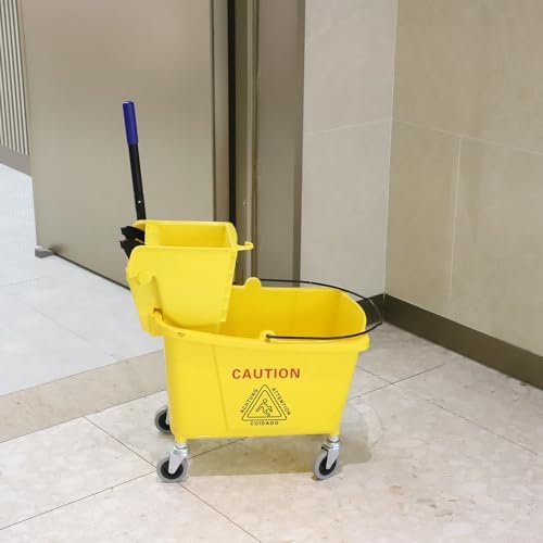 Commercial Mop Bucket with Side Press Wringer on Wheels Yellow