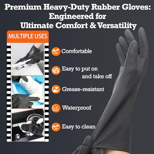 Black Thick Rubber Cleaning Gloves - 2 Pairs Heavy-Duty