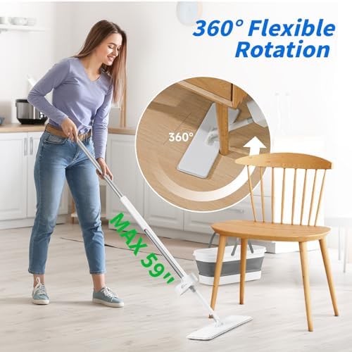 Oshang Flat Mop with Bucket and Wheels 2 Microfiber Pads