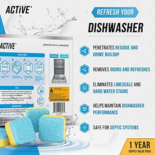 ACTIVE Dishwasher Cleaner Tablets 24 Pack - Deep Cleaning Deodorizing Septic Safe