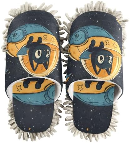 FLildon Microfiber Cleaning Slippers with Space Cat Design