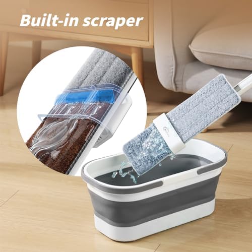 Oshang Flat Mop with Bucket and Wheels 2 Microfiber Pads