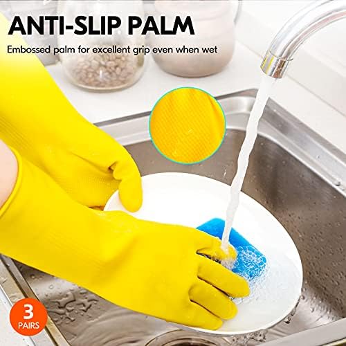 Vgo 3-Pairs Reusable Rubber Gloves with Long Sleeves Extra Thick Yellow HH4601