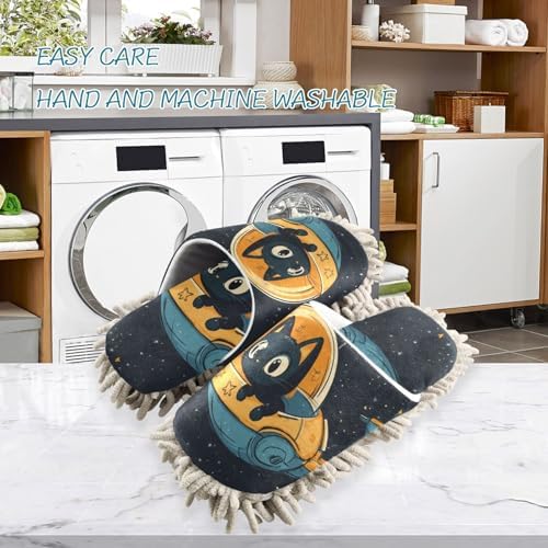 FLildon Microfiber Cleaning Slippers with Space Cat Design
