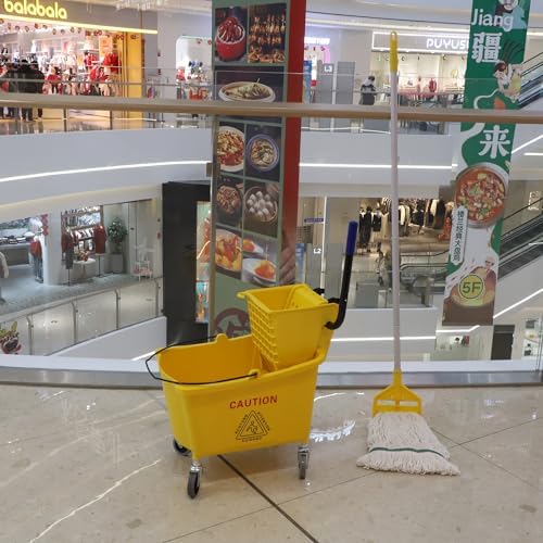 Commercial Mop Bucket with Side Press Wringer on Wheels Yellow
