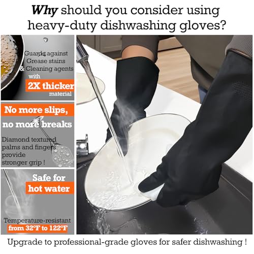 Black Thick Rubber Cleaning Gloves - 2 Pairs Heavy-Duty