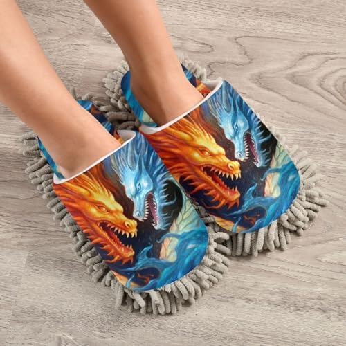 FLildon Microfiber Mop Slippers 3D Printing Dragons Washable Size M