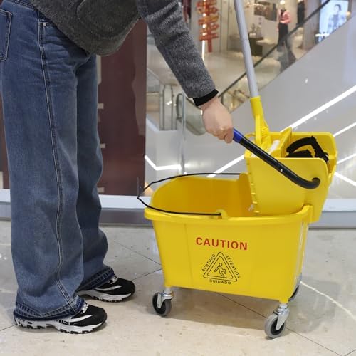 Commercial Mop Bucket with Side Press Wringer on Wheels Yellow