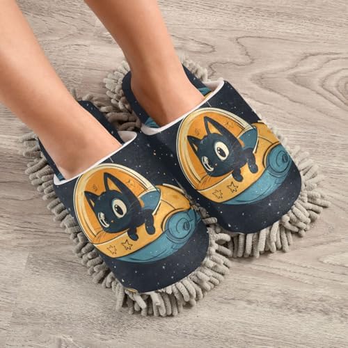 FLildon Microfiber Cleaning Slippers with Space Cat Design