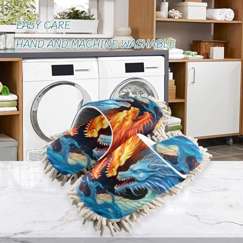 FLildon Microfiber Mop Slippers 3D Printing Dragons Washable Size M