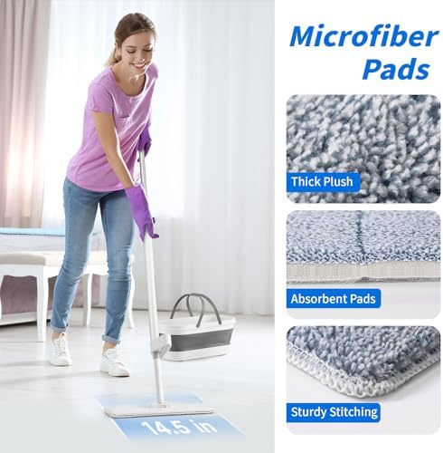 Oshang Flat Mop with Bucket and Wheels 2 Microfiber Pads