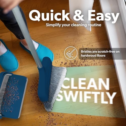 BLACKDECKER Butler Broom Dustpan Set - Space-Saving Ocean Blue