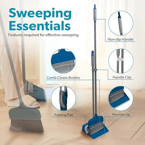 BLACKDECKER Butler Broom Dustpan Set - Space-Saving Ocean Blue